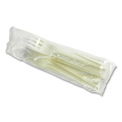 VEGVWKFSWN Cutlery Kits, Compostable, General Purpose, Fork/Knife/Napkin/Spoon, Plastic, White, 250/Carton