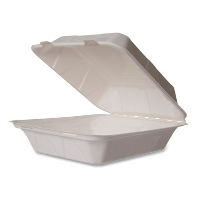 VEGWHBRG8HW White Molded Fiber Clamshell Container, Compostable, 7.9 x 7.9 x 2.9, White, Sugarcane, 200/Carton