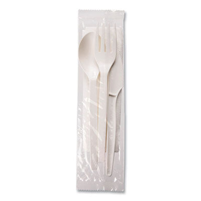 WNAEPS005 EcoSense Renewable PSM Wrapped Cutlery Kit, Fork/Knife/Napkin/Spoon, Plastic, White, 250/Carton