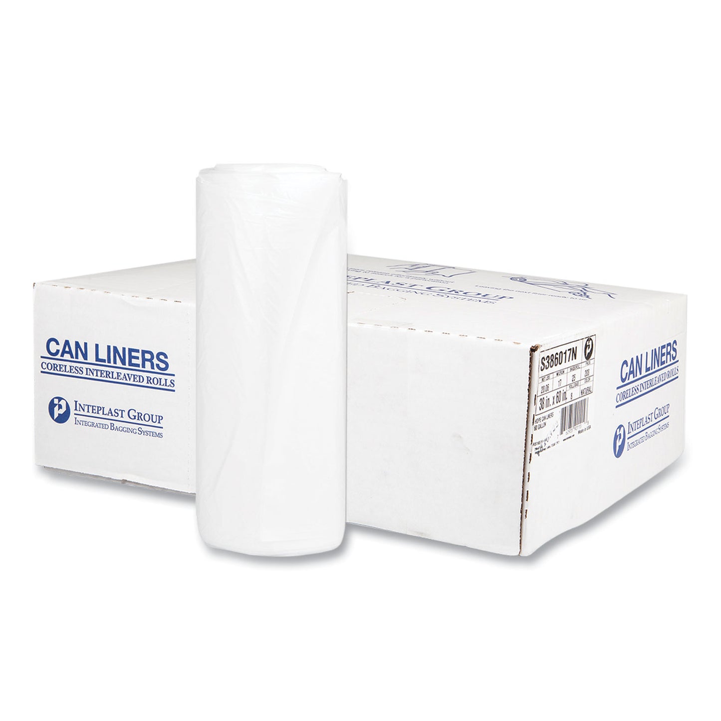 IBSS386017N High-Density Commercial Can Liners, 60 gal, 17 mic, 38" x 60", Clear, Interleaved Roll, 25 Bags/Roll, 8 Rolls/Carton