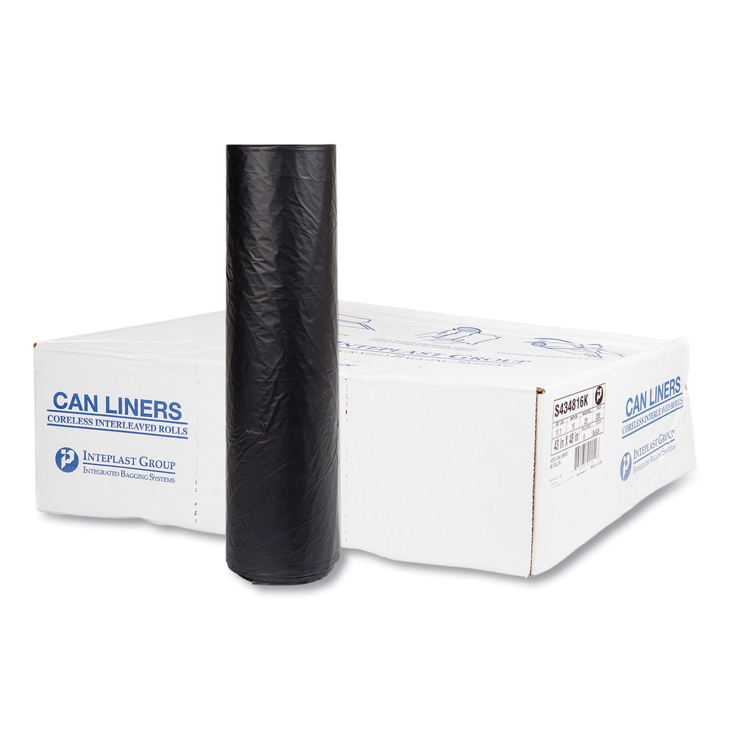 IBSS434816K High-Density Commercial Can Liners, 56 gal, 16 mic, 43" x 48", Black, Interleaved Roll, 25 Bags/Roll, 8 Rolls/Carton