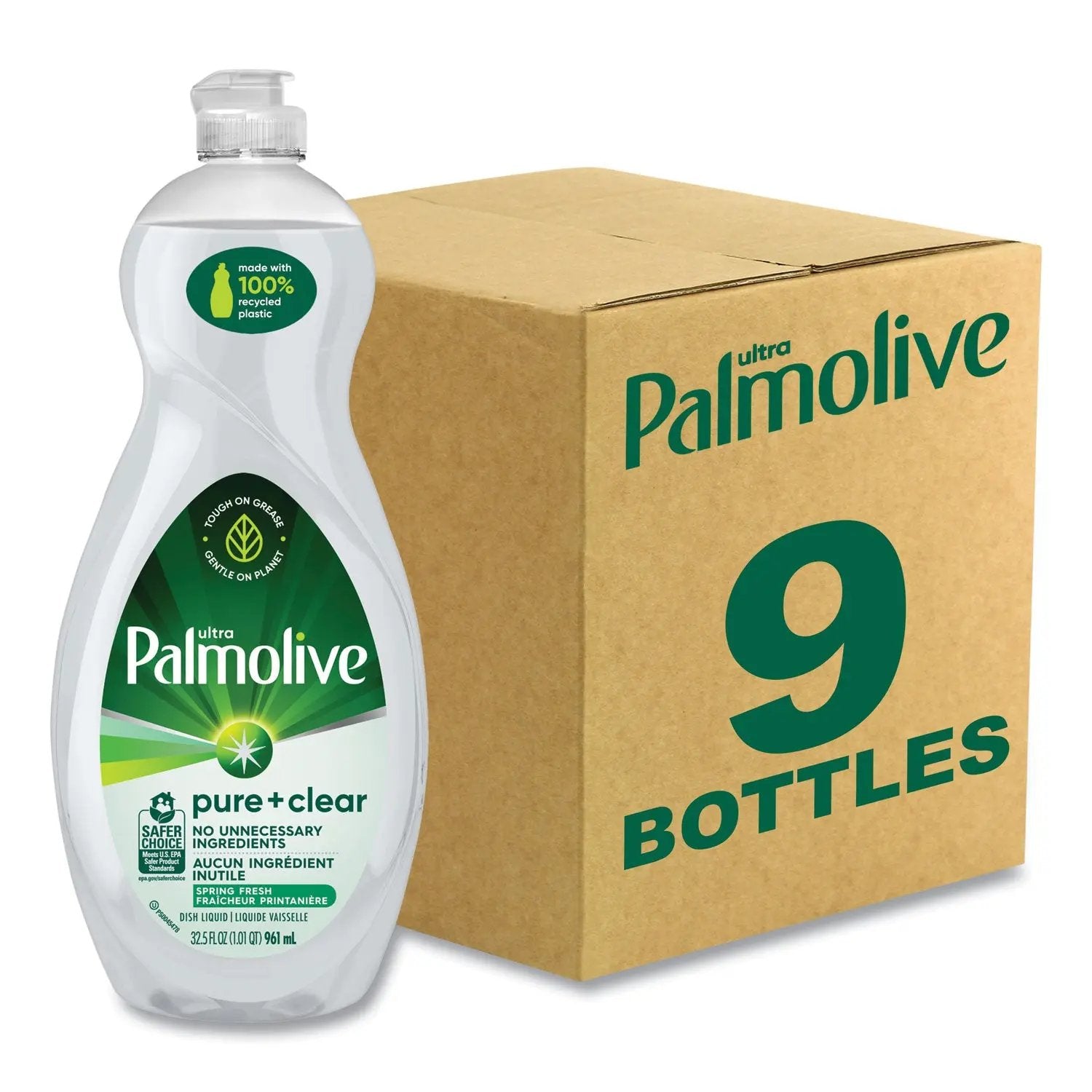CPCUS04272CT Pure + Clear Dishwashing Liquid, Spring Fresh, 32.5 oz Bottle, 9/Carton Palmolive