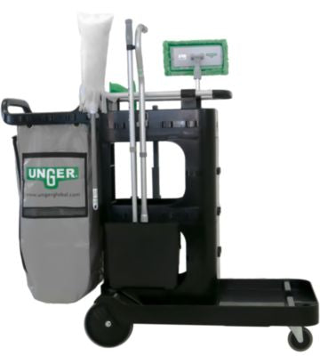 UNGCRTZN ZoneCleanRx Janitorial Carts, Plastic, 3 Shelves, 23.5 x 25 x 25, Black Unger