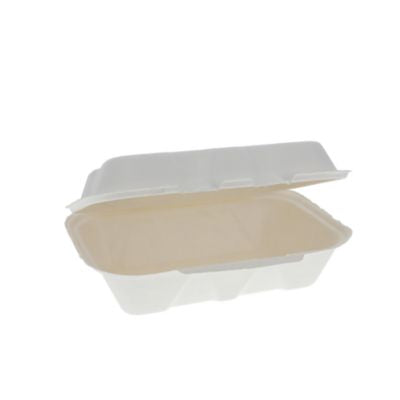 PCTYMCH0089PFFR EarthChoice PFAS Free Compostable Hinged Lid Container, 9 x 6 x 3, Natural, Sugarcane, 150/Carton