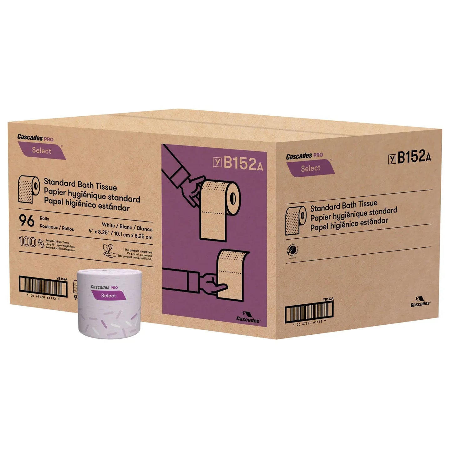 CSDB152 Select Standard Bath Tissue, Septic Safe, 1-Ply, White, 1,000 Sheets/Roll, 96 Rolls/Carton Cascades PRO