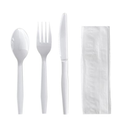 BWK4KITWHPS Four-Piece Polystyrene Cutlery Kit, Mediumweight, Fork/Knife/Napkin/Spoon, Plastic, White, 250/Carton BOARDWALK