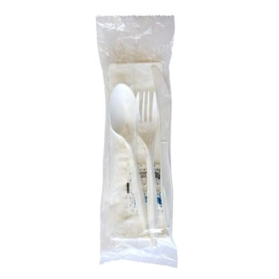 BWK6COMBOKITPP Six-Piece Cutlery Kit, Mediumweight, Fork/Knife/Napkin/Pepper/Salt/Spoon, 5.86", Plastic, White, 250/Carton