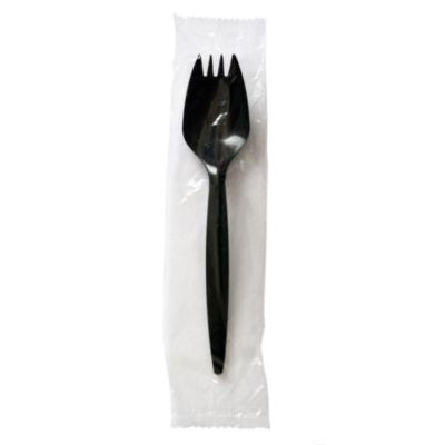 BWKSPORKBLPPIW Mediumweight Wrapped Polypropylene Cutlery, Spork, Plastic, Black, 1,000/Carton BOARDWALK