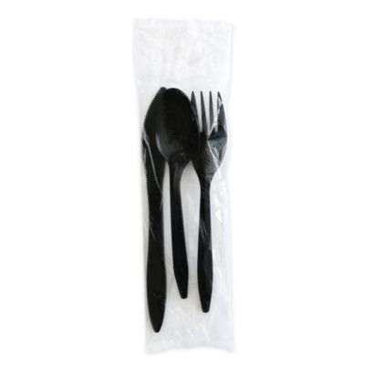 BWK3KITBLPS Three-Piece Polystyrene Cutlery Kit, Mediumweight, Fork/Knife/Spoon, Plastic, Black, 250/Carton BOARDWALK
