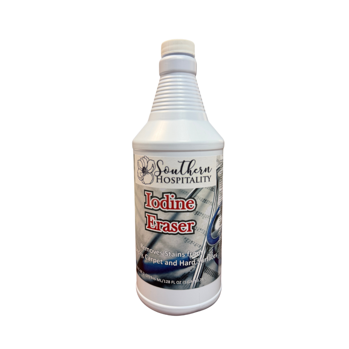 Quart bottle of pre-treatment spray to remove iodine from a variety of surfaces. 