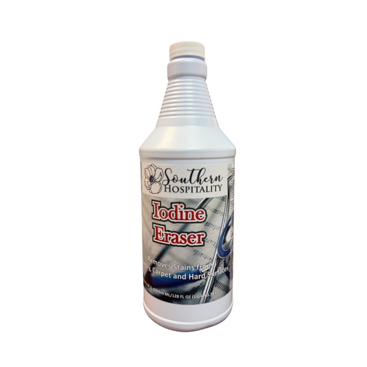 Quart bottle of pre-treatment spray to remove iodine from a variety of surfaces. 