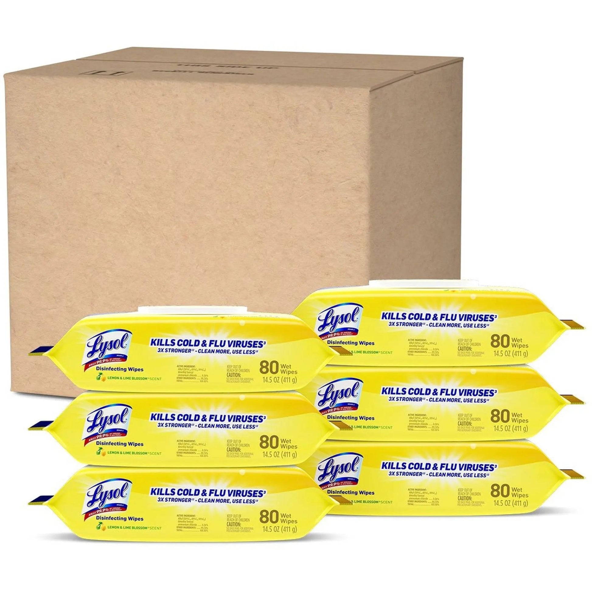 Multiple packages of Lysol disinfecting wipes with a cardboard box in the background.